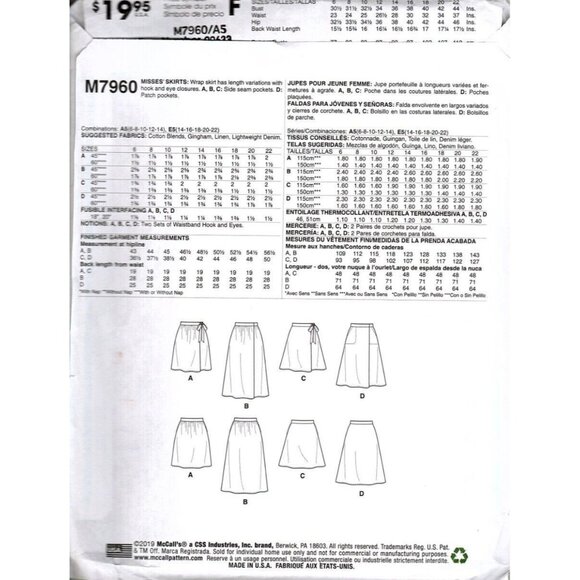 McCall's M7960 Misses 6 to 14 Learn to Sew Wrap Skirts Uncut Sewing Pattern New - Picture 2 of 2